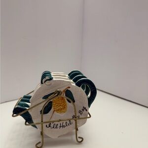 Source Unknown White and Green Lemon Coasters with Holder